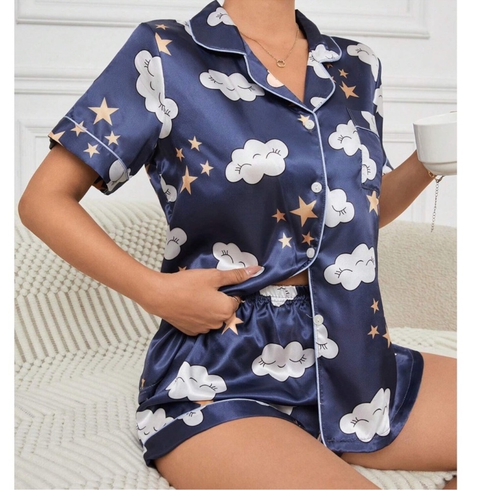 Cozy Satin Smiley Star Print Button Short Sleeve Shorts Sleep Set S M L XL